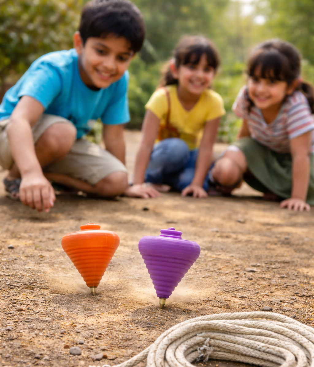 90’s Nostalgia Combo – Marbles (100 pcs) + 4 Spinning Lattu with Rope