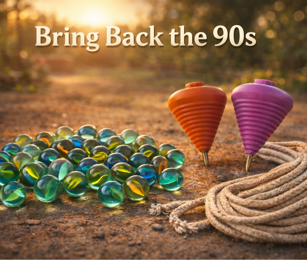 90’s Nostalgia Combo – Marbles (100 pcs) + 4 Spinning Lattu with Rope